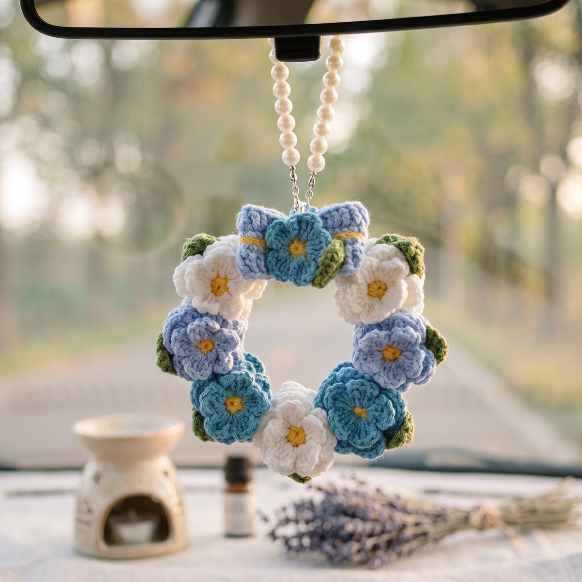 Pastel Blue & White Hand-Knit Flower Wreath Pendant with Pearl Chain – Aesthetic Car & Home Decor
