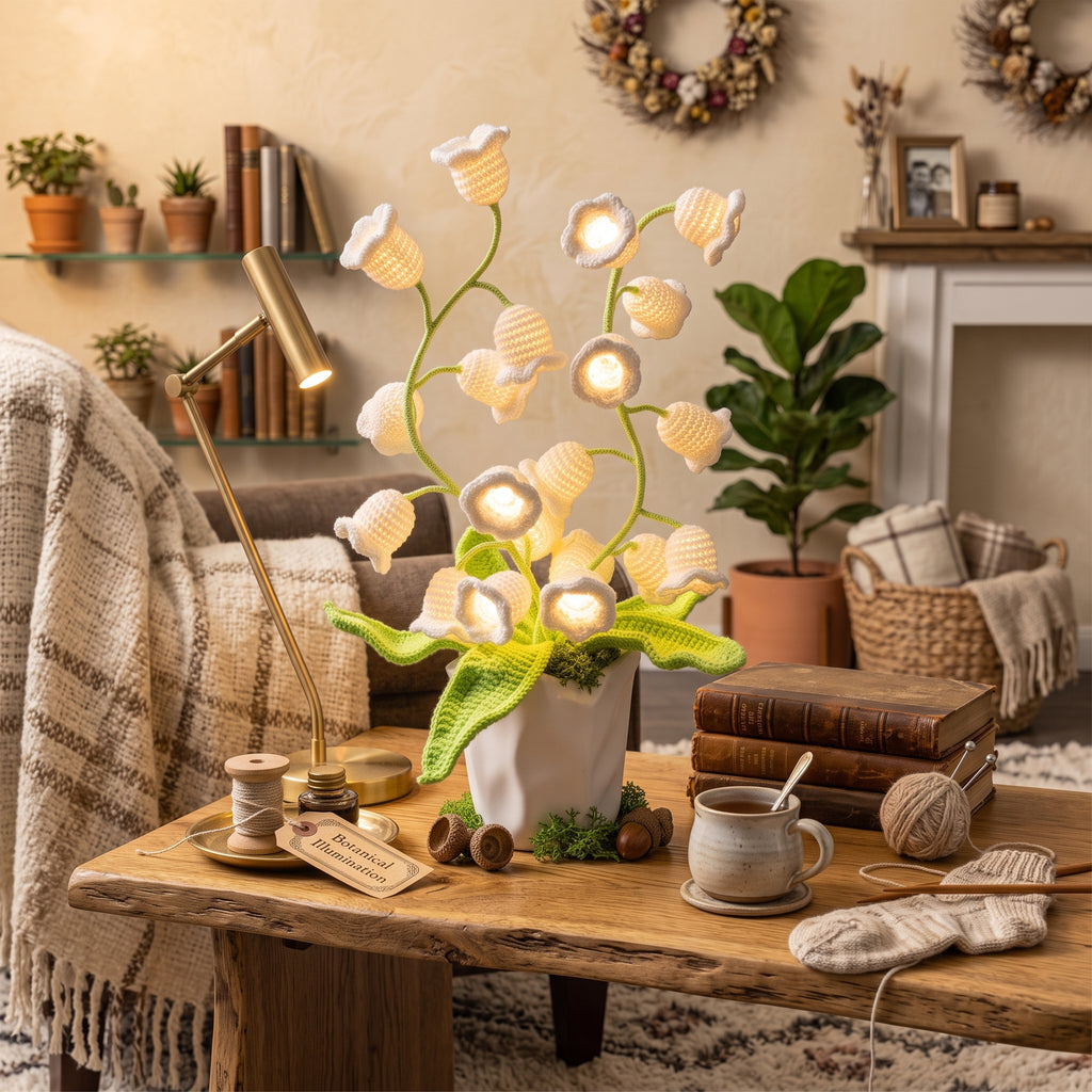 DIY Lily of the Valley Crochet Night Light Kit – Handcrafted Flower Lamp in Glass Dome