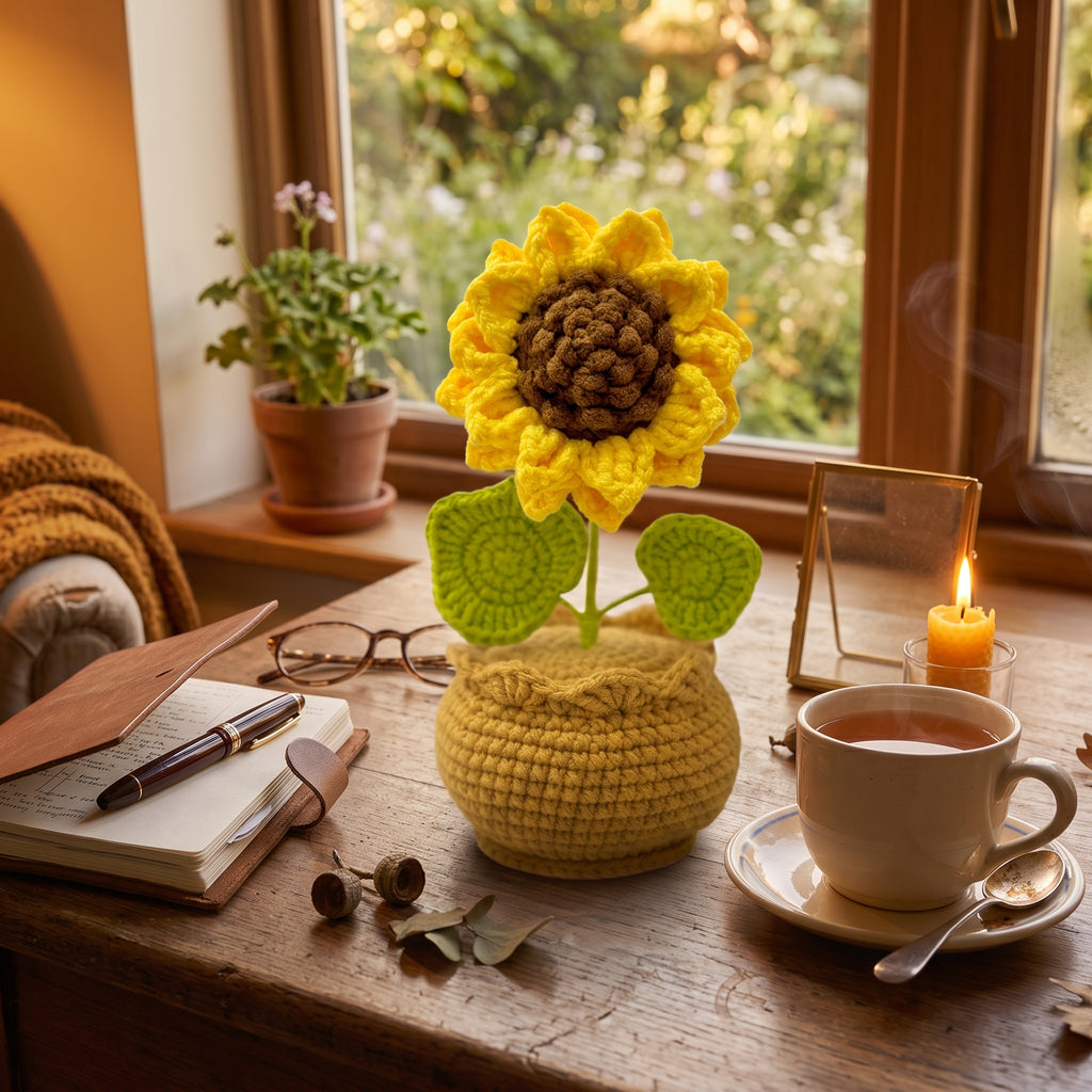 Knitted Sunflower Potted Plant – Warm Sunshine Desktop Decor, Cute Cheer-Up Gift for Friends
