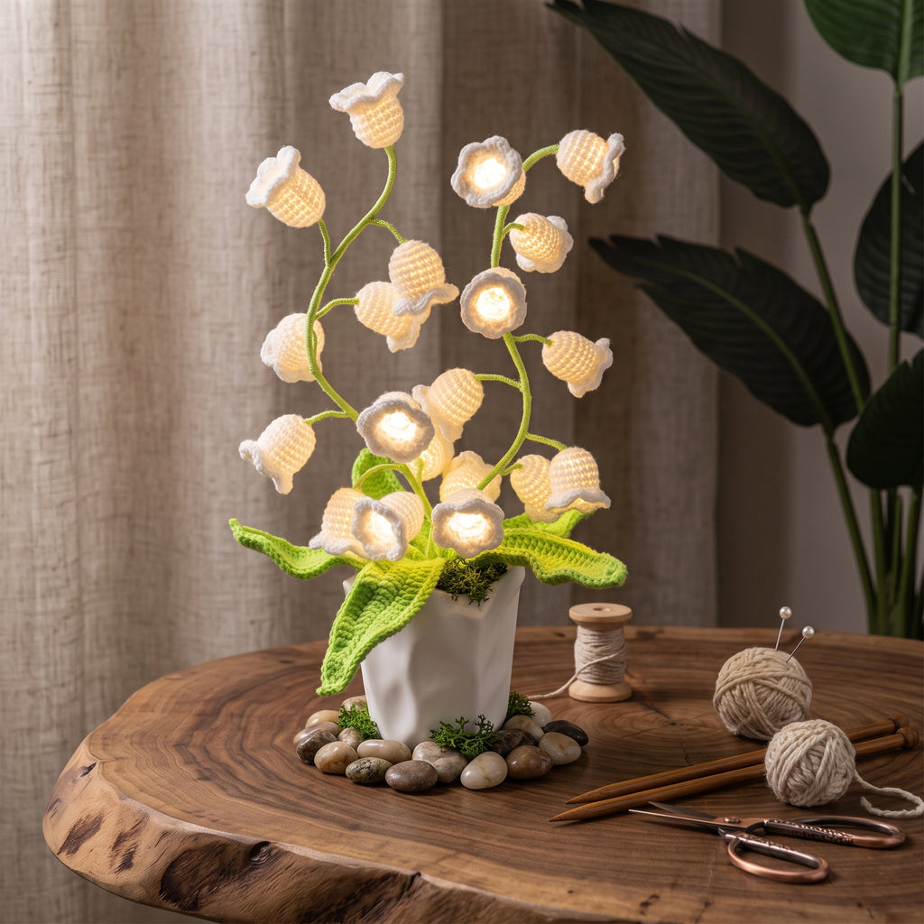 DIY Lily of the Valley Crochet Night Light Kit – Handcrafted Flower Lamp in Glass Dome