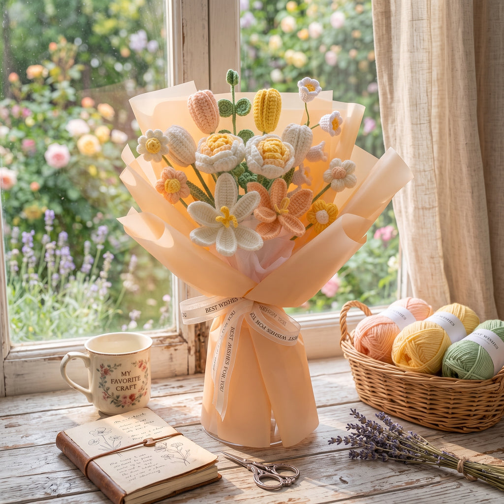 DIY Crochet Flower Bouquet Kit – Lily of the Valley, Tulip & Rose Yarn Knitting Craft Kit with Tutorial