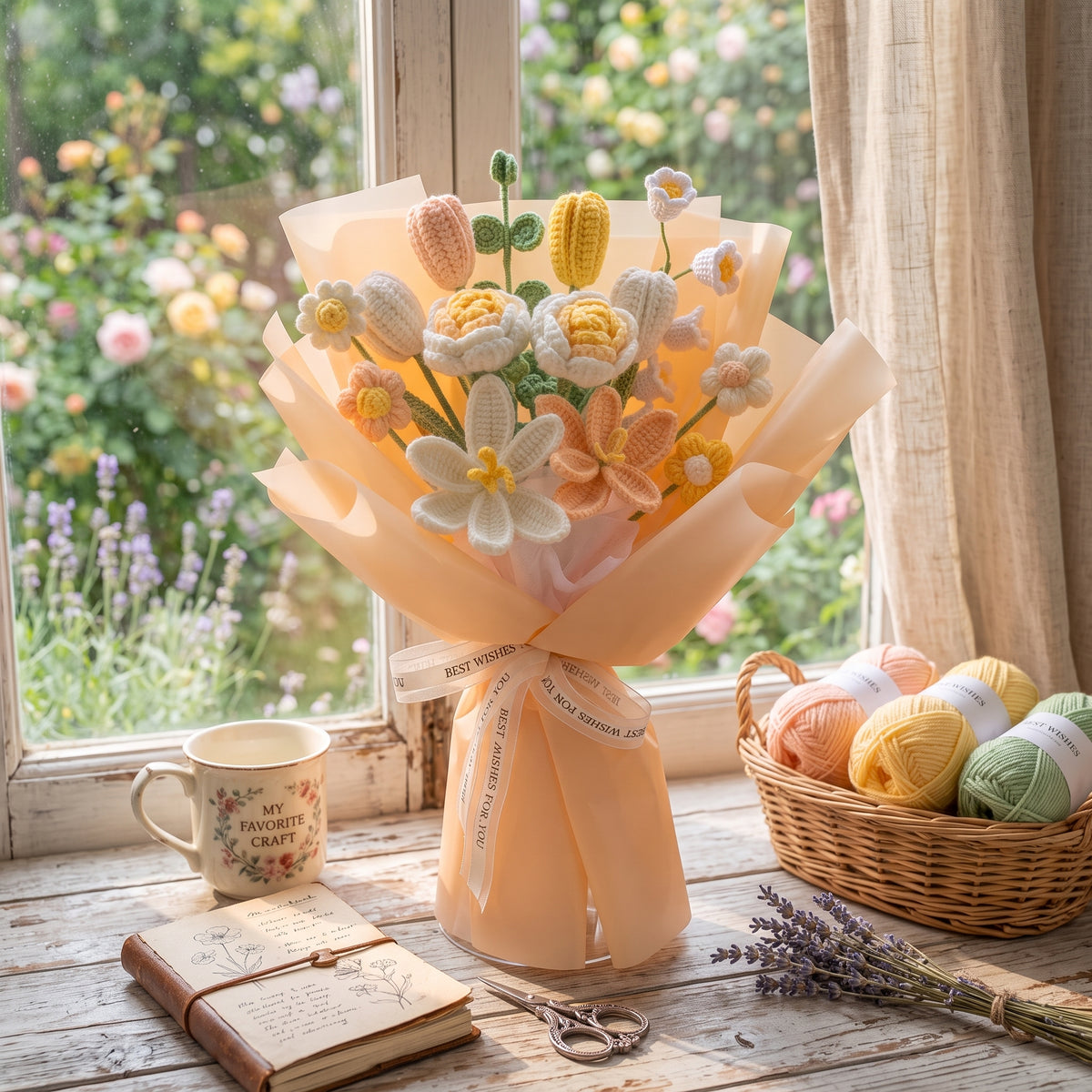 DIY Crochet Flower Bouquet Kit – Lily of the Valley, Tulip & Rose Yarn Knitting Craft Kit with Tutorial
