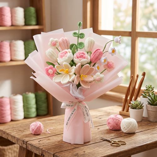 DIY Crochet Flower Bouquet Kit – Lily of the Valley, Tulip & Rose Yarn Knitting Craft Kit with Tutorial