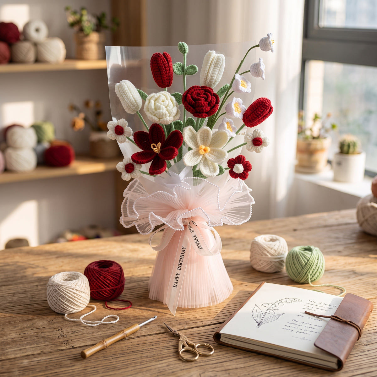 DIY Crochet Flower Bouquet Kit – Lily of the Valley, Tulip & Rose Yarn Knitting Craft Kit with Tutorial
