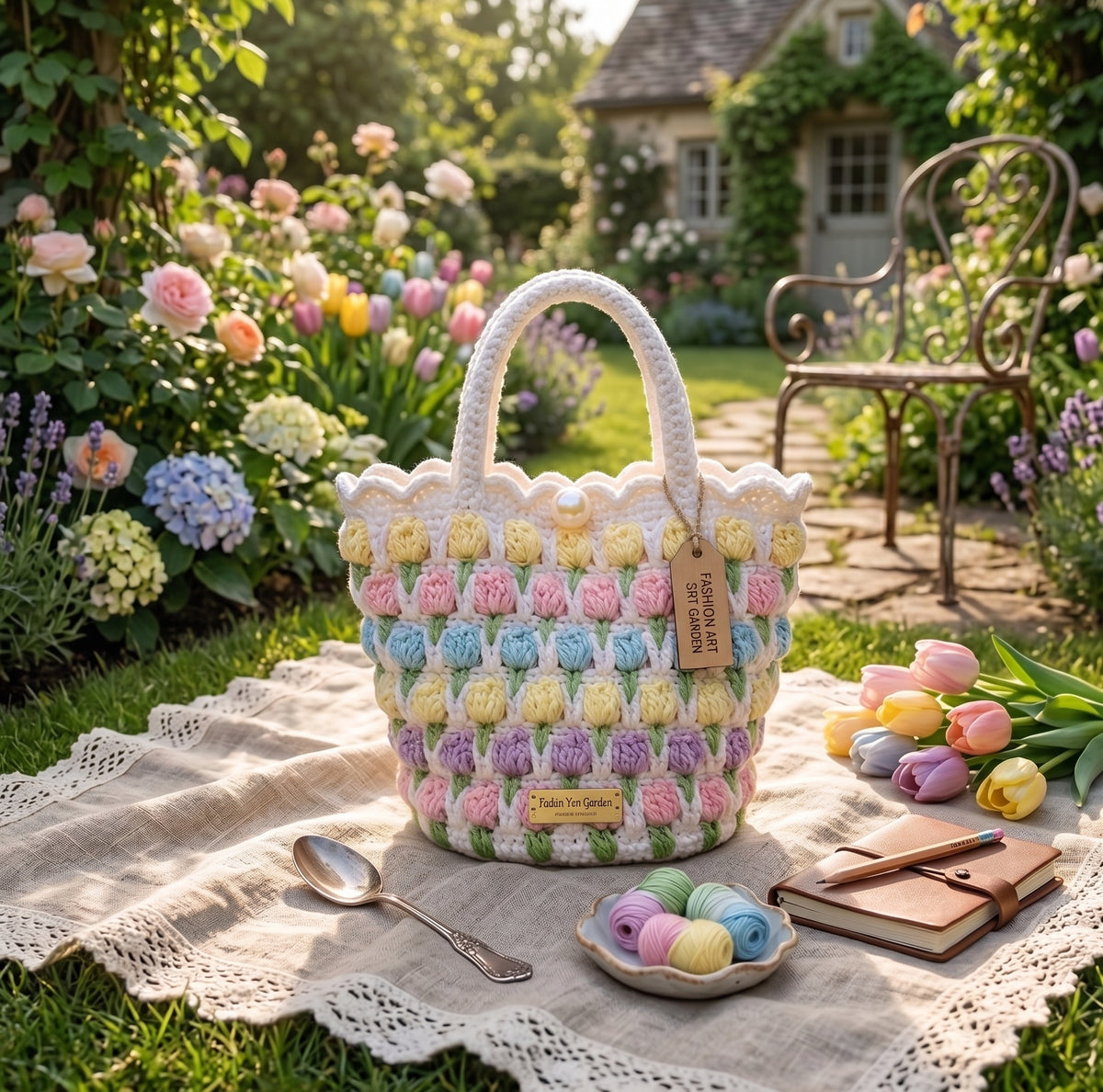 Hand-Crocheted Tulip Mini Tote Bag - A Splash of Colorful Blooms for Every Day
