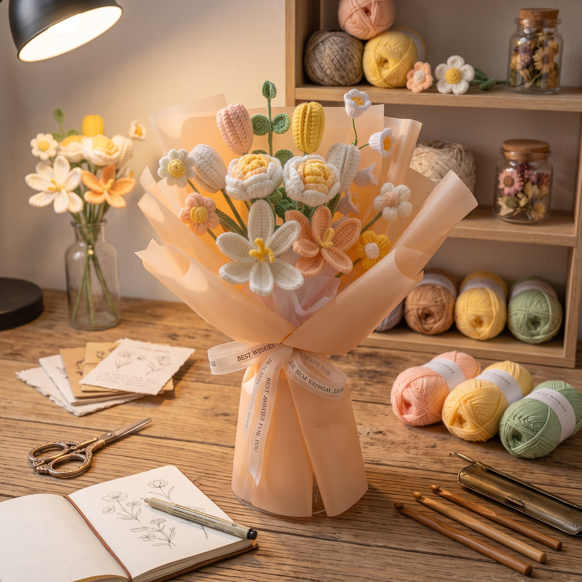 DIY Crochet Flower Bouquet Kit – Lily of the Valley, Tulip & Rose Yarn Knitting Craft Kit with Tutorial