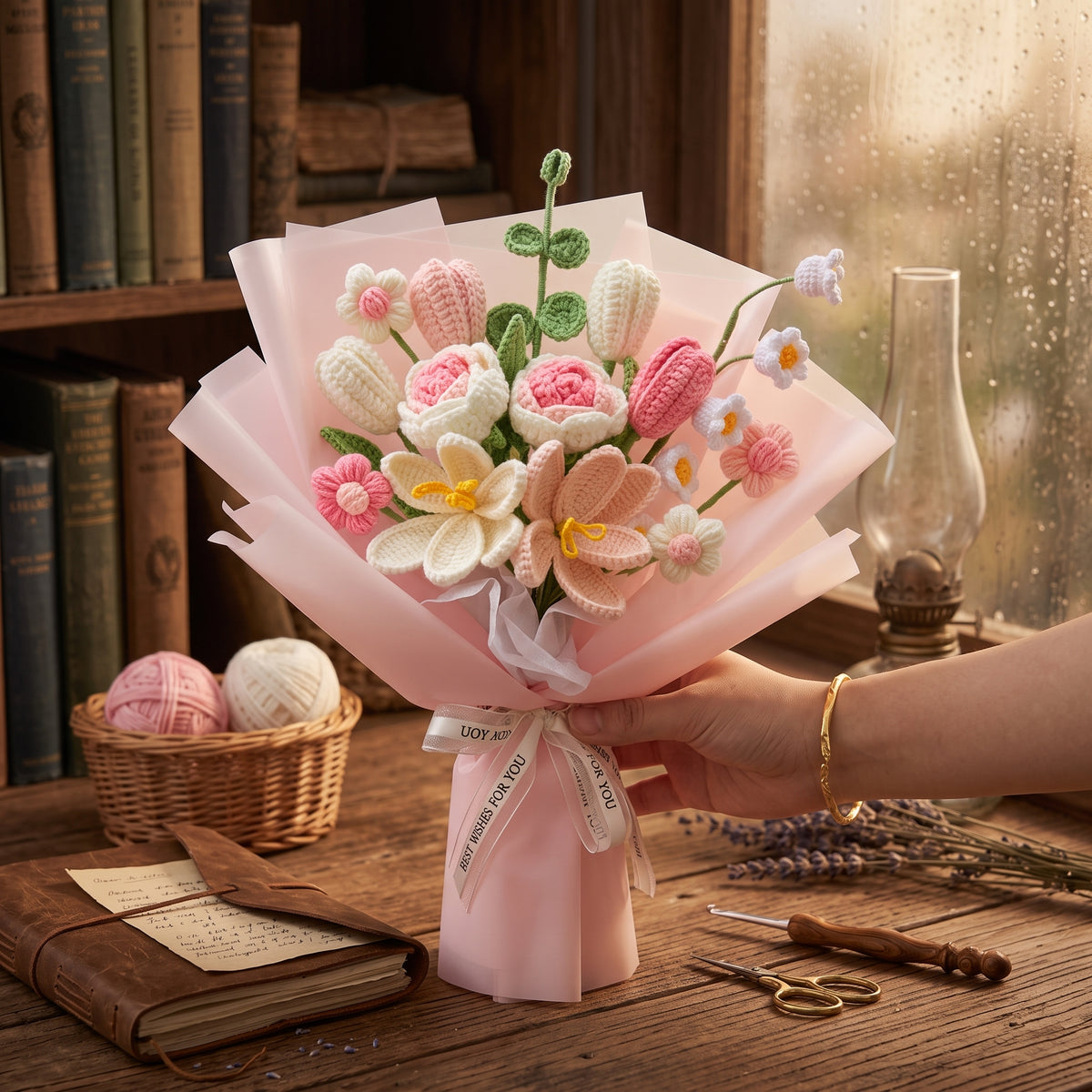 DIY Crochet Flower Bouquet Kit – Lily of the Valley, Tulip & Rose Yarn Knitting Craft Kit with Tutorial