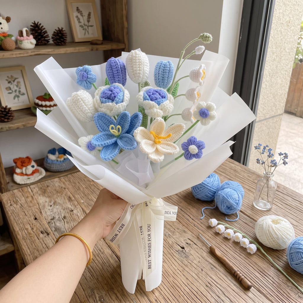 DIY Crochet Flower Bouquet Kit – Lily of the Valley, Tulip & Rose Yarn Knitting Craft Kit with Tutorial