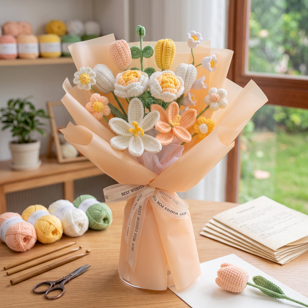 DIY Crochet Flower Bouquet Kit – Lily of the Valley, Tulip & Rose Yarn Knitting Craft Kit with Tutorial