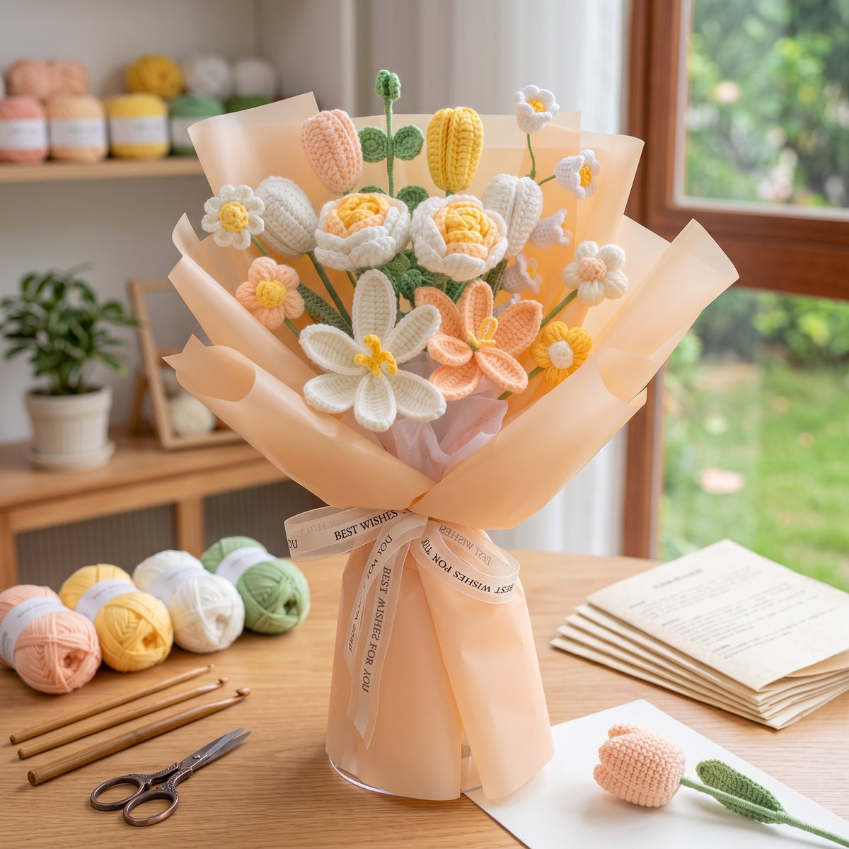 DIY Crochet Flower Bouquet Kit – Lily of the Valley, Tulip & Rose Yarn Knitting Craft Kit with Tutorial