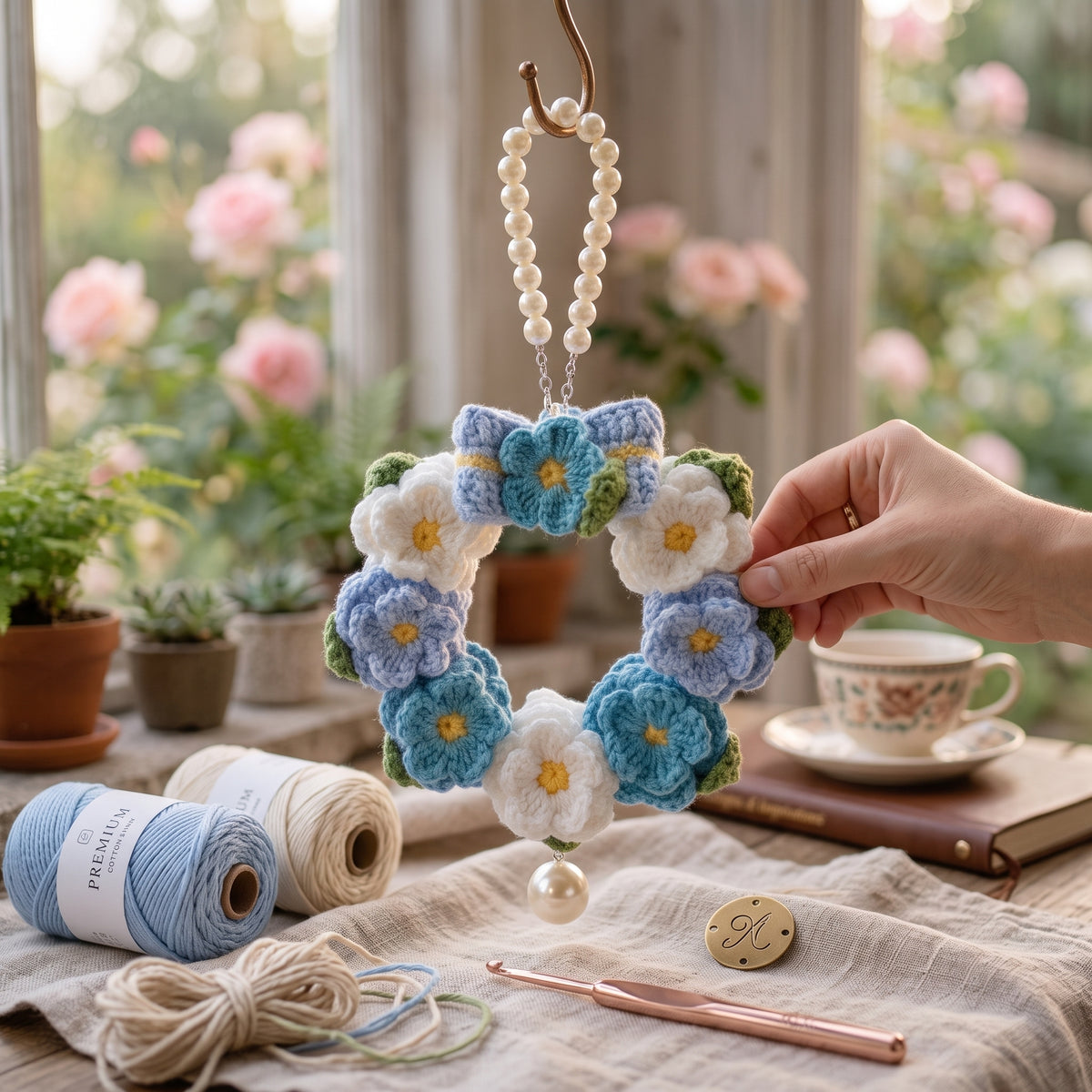Pastel Blue & White Hand-Knit Flower Wreath Pendant with Pearl Chain – Aesthetic Car & Home Decor