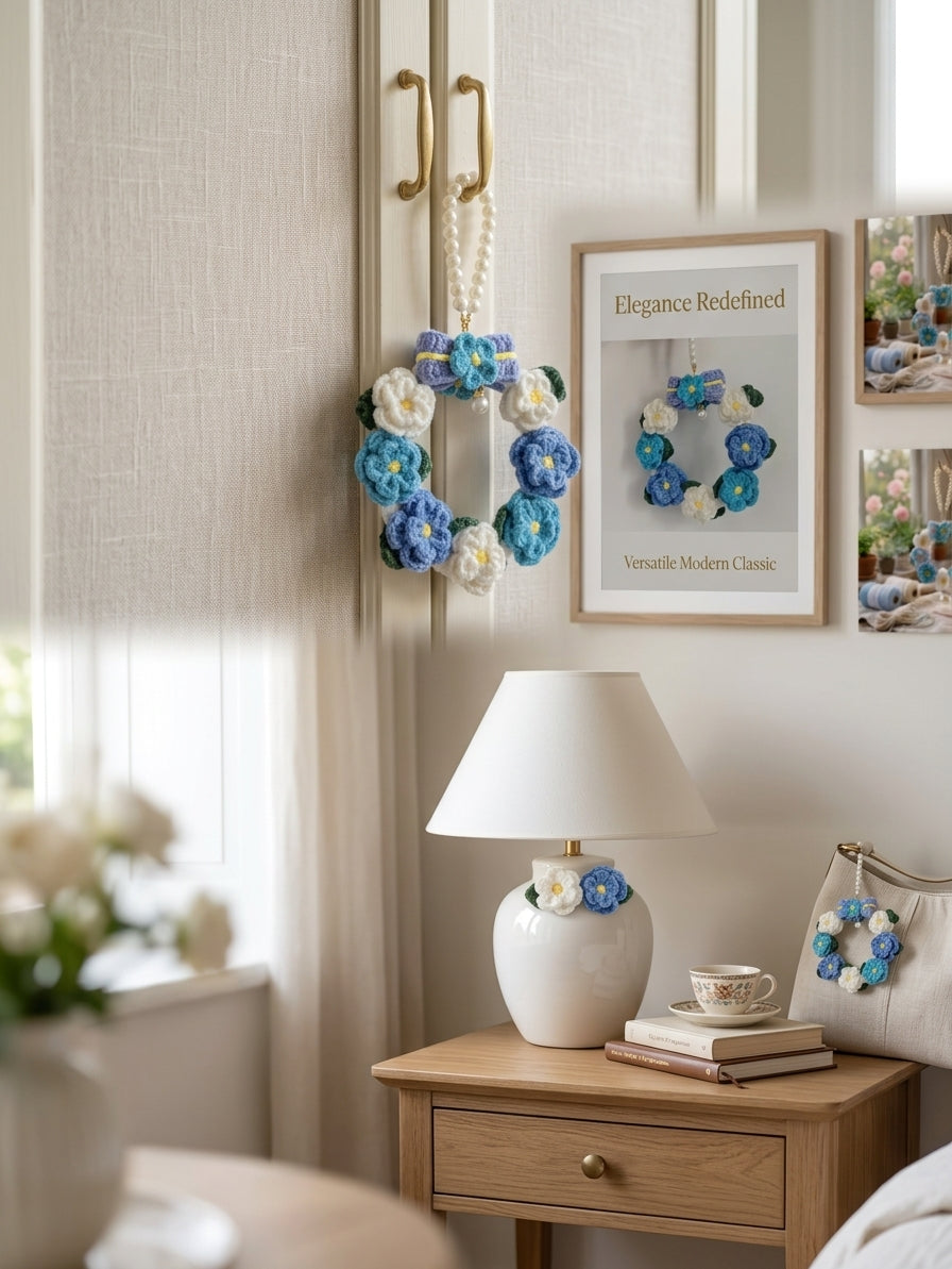 Pastel Blue & White Hand-Knit Flower Wreath Pendant with Pearl Chain – Aesthetic Car & Home Decor