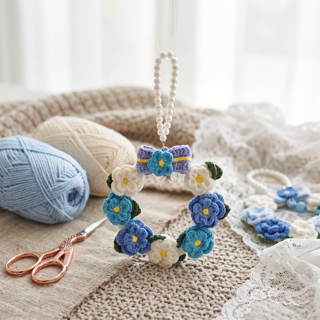 Pastel Blue & White Hand-Knit Flower Wreath Pendant with Pearl Chain – Aesthetic Car & Home Decor