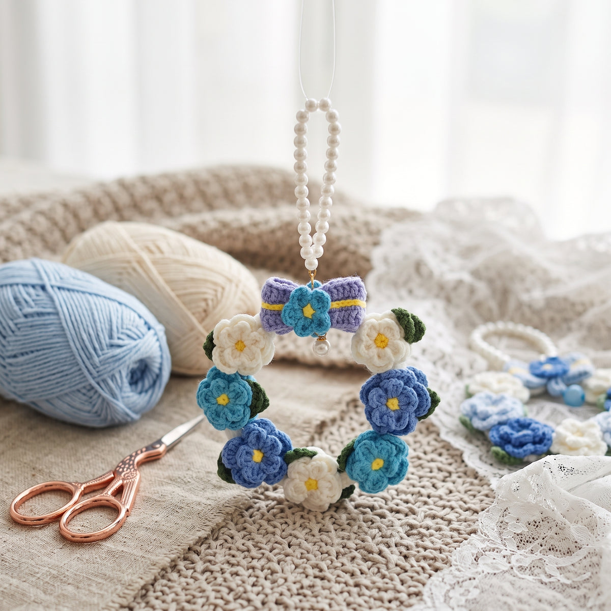 Pastel Blue & White Hand-Knit Flower Wreath Pendant with Pearl Chain – Aesthetic Car & Home Decor