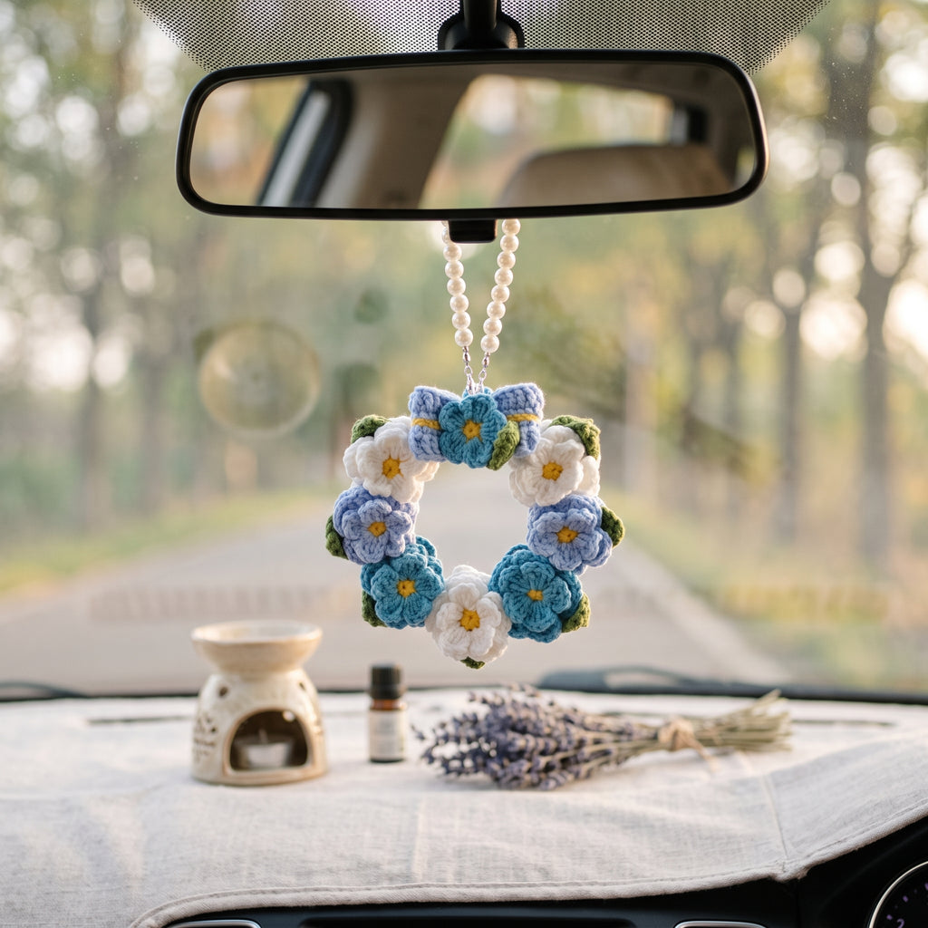 Pastel Blue & White Hand-Knit Flower Wreath Pendant with Pearl Chain – Aesthetic Car & Home Decor