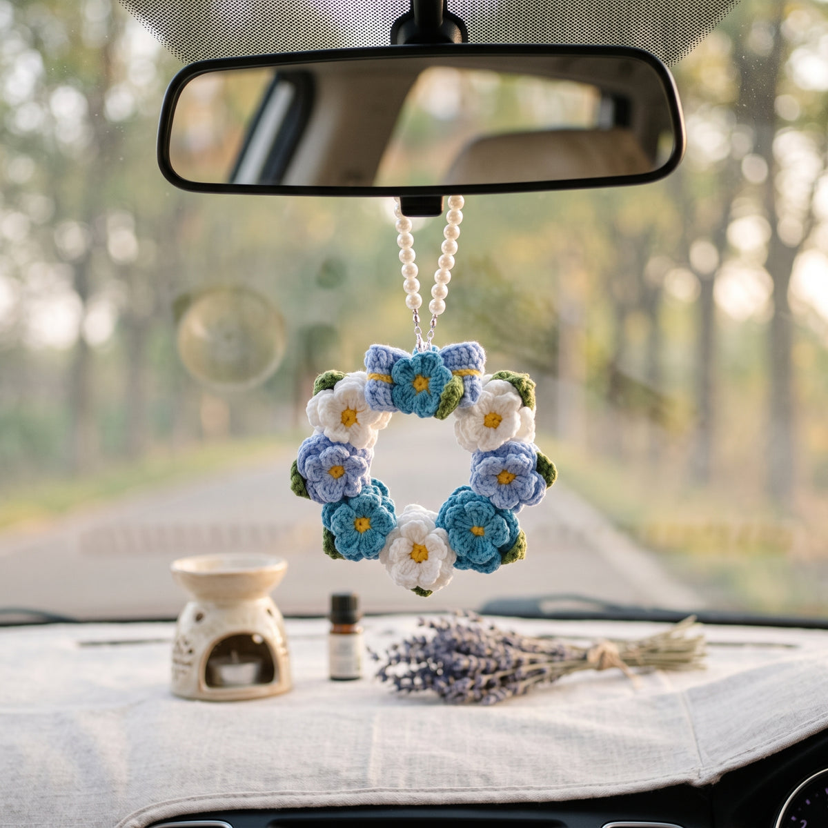Pastel Blue & White Hand-Knit Flower Wreath Pendant with Pearl Chain – Aesthetic Car & Home Decor