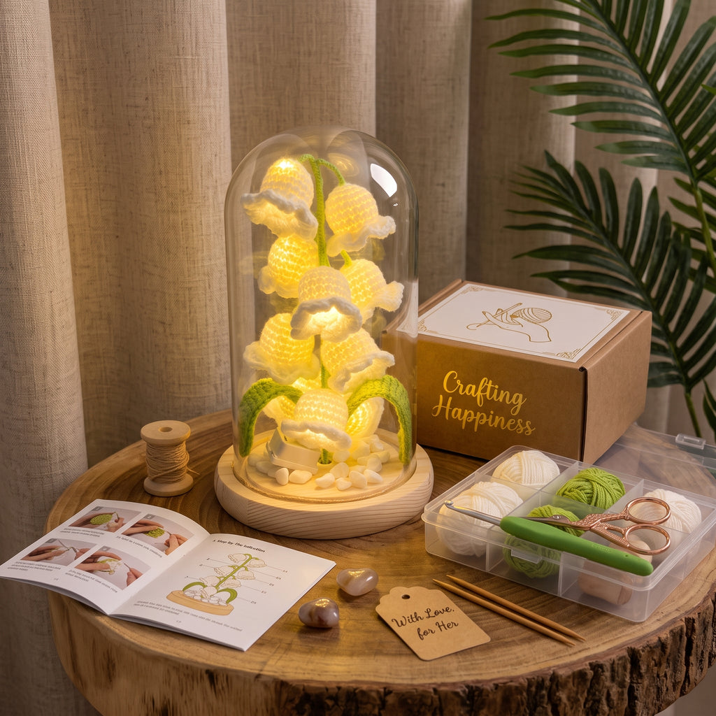 DIY Lily of the Valley Crochet Night Light Kit – Handcrafted Flower Lamp in Glass Dome