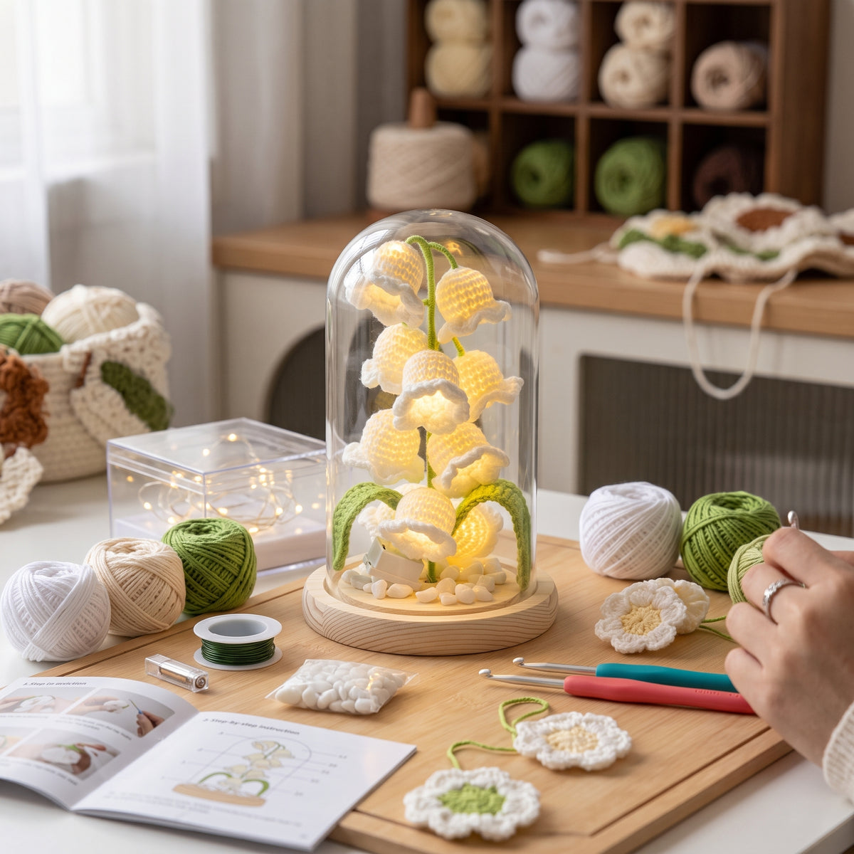 DIY Lily of the Valley Crochet Night Light Kit – Handcrafted Flower Lamp in Glass Dome